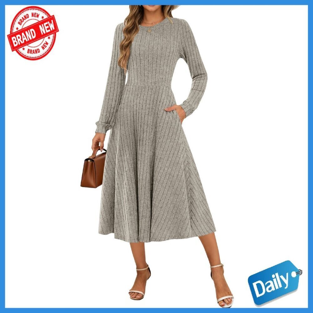 Long Sleeve Ribbed Knit Midi Dress with Pockets, Crewneck, Fall Wedding Guest